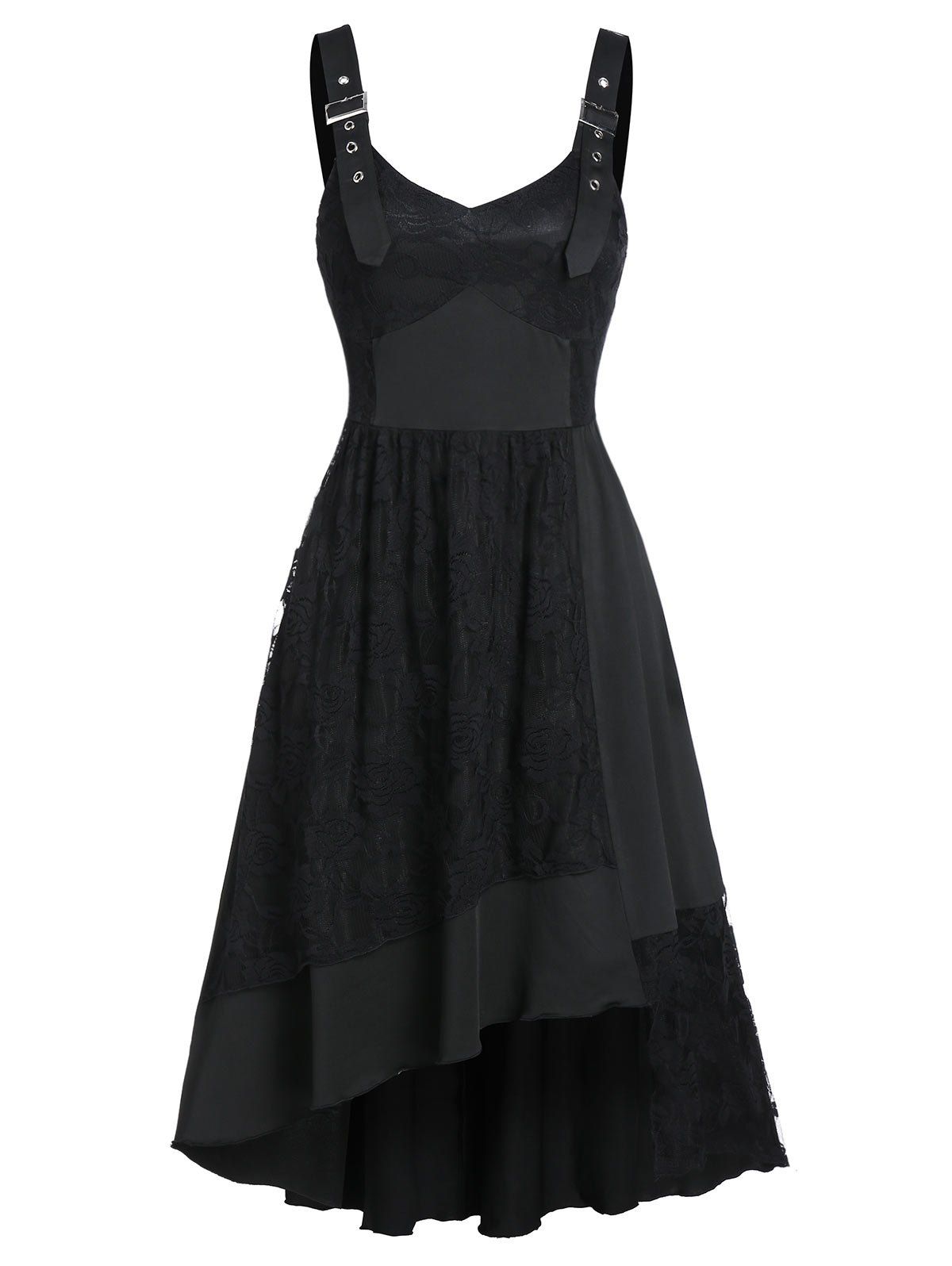 

Buckle Strap Cami Lace High Low Dress, Black