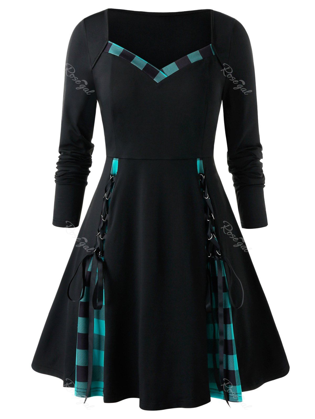 

Plus Size Plaid Splicing Ribbon T-Shirt, Black