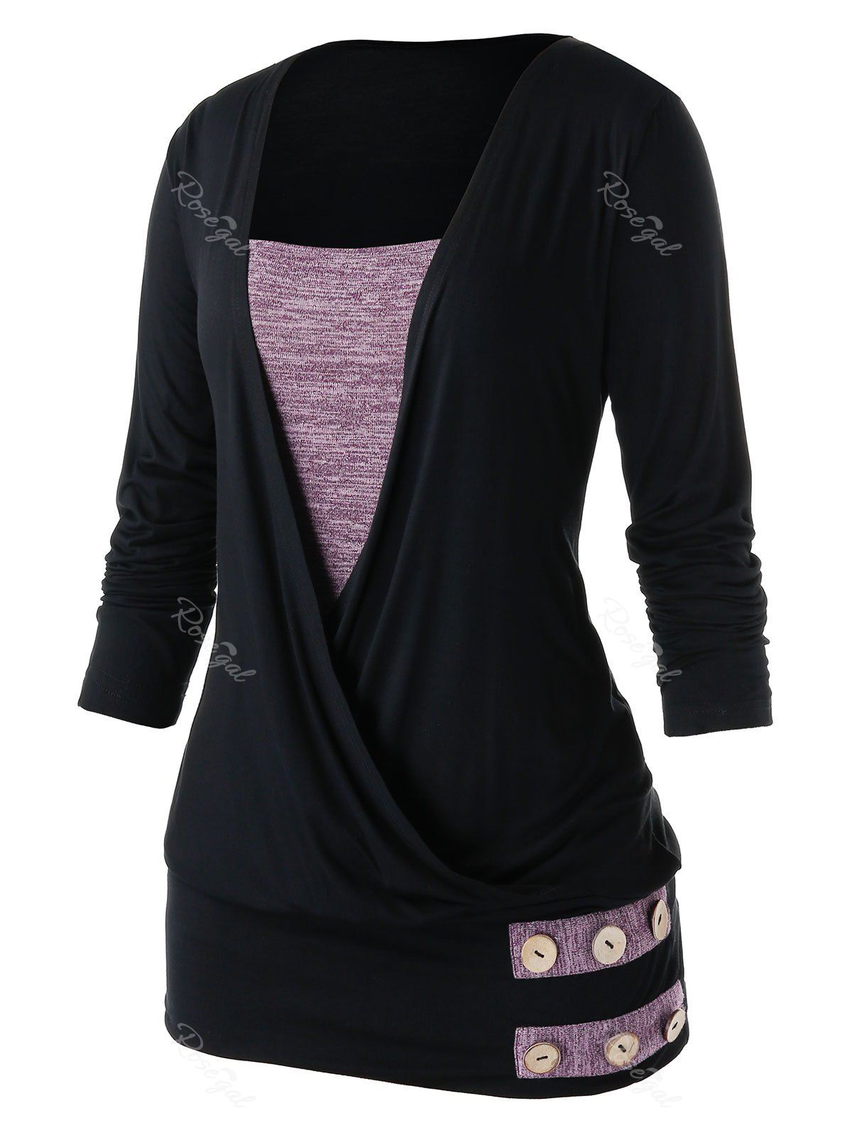 

Plus Size Space Dye Panel Wrap Top, Black