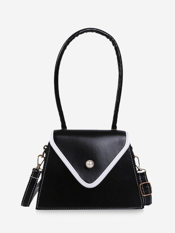 

Faux Pearl Contrast Piped Flap Handbag, Black