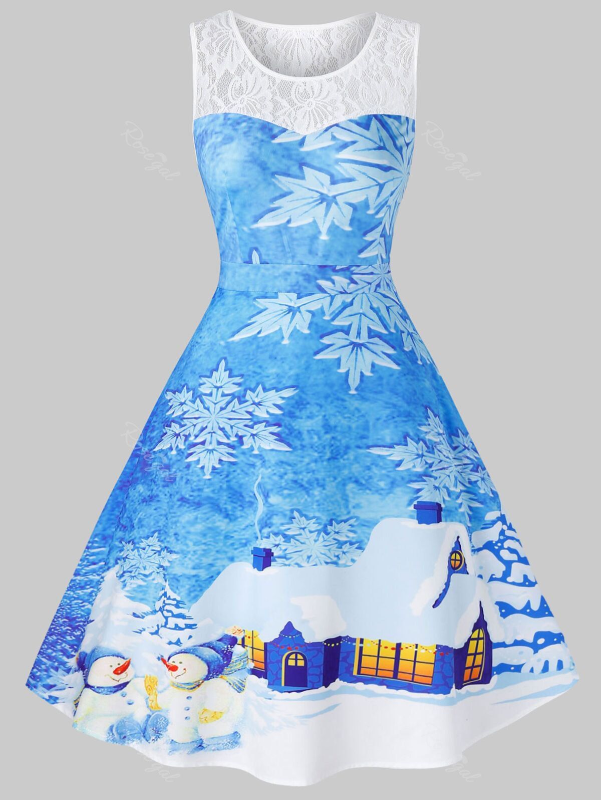 Robe de Noël Trapèze Vintage à Imprimé Cheval et Flocon de Neige de Grande Taille Ciel Bleu Foncé 1X