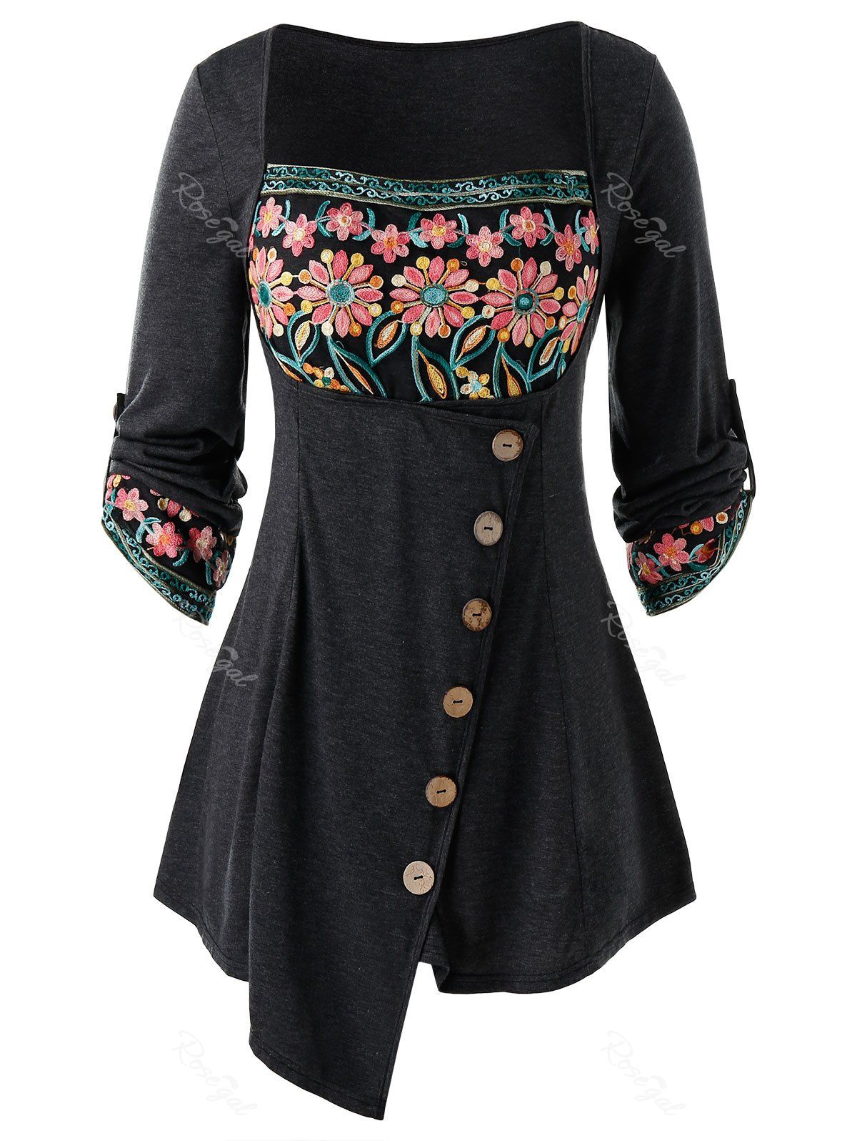 

Plus Size Asymmetric Roll Up Sleeve Embroidered T Shirt, Gray