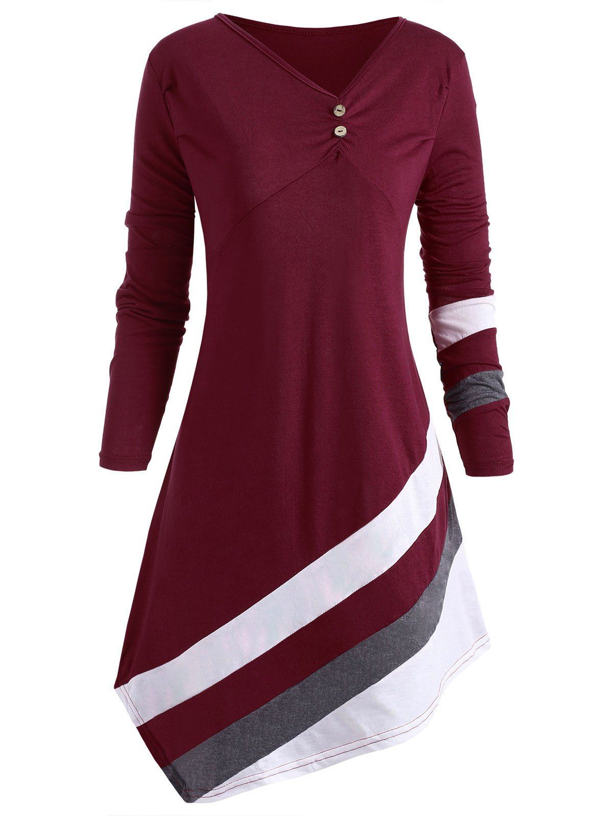 

Skew Collar Striped Long Sleeve Asymmetrical Top, Red wine