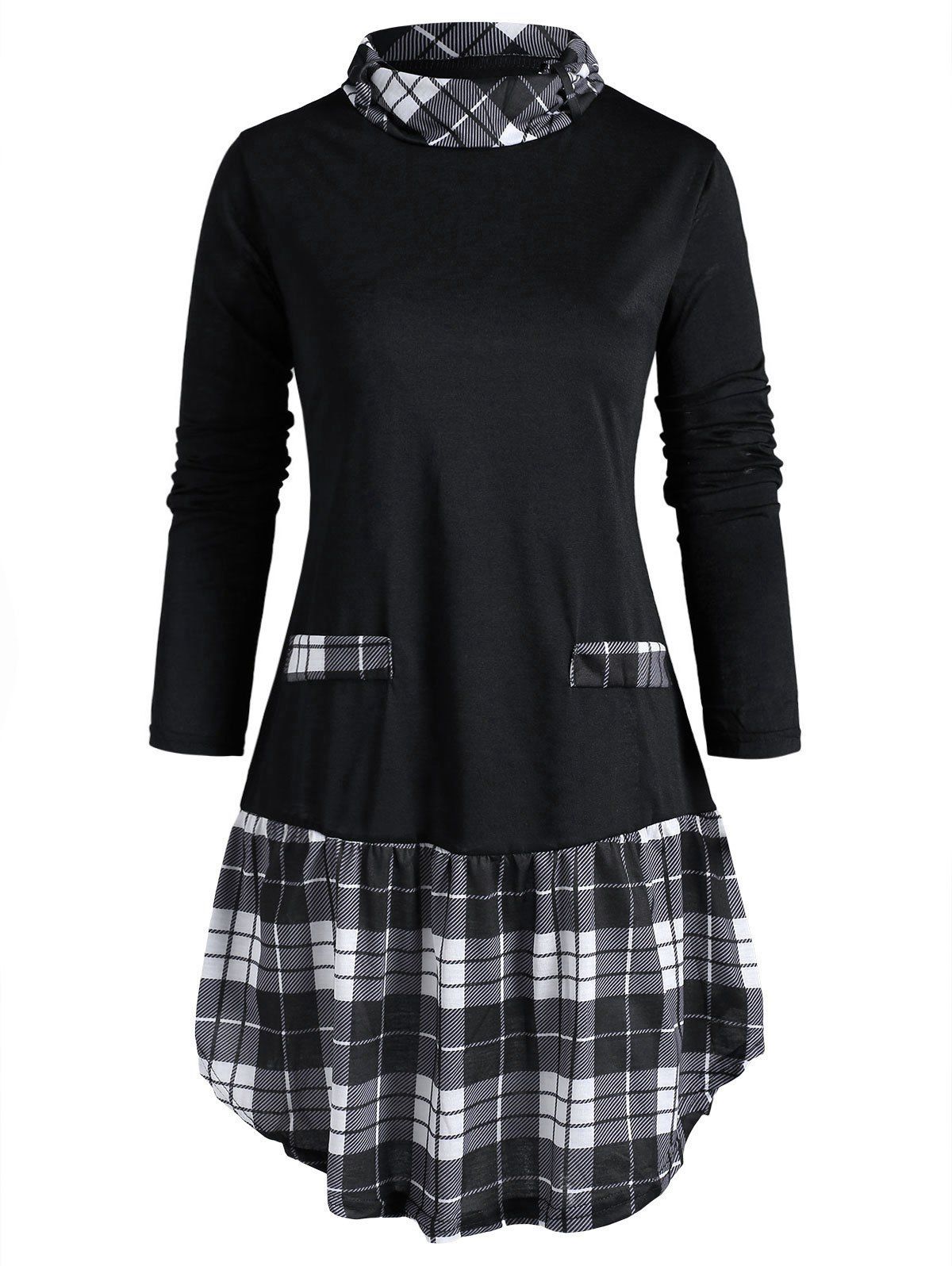 

Mock Neck Plaid Long Sleeve Top, Black