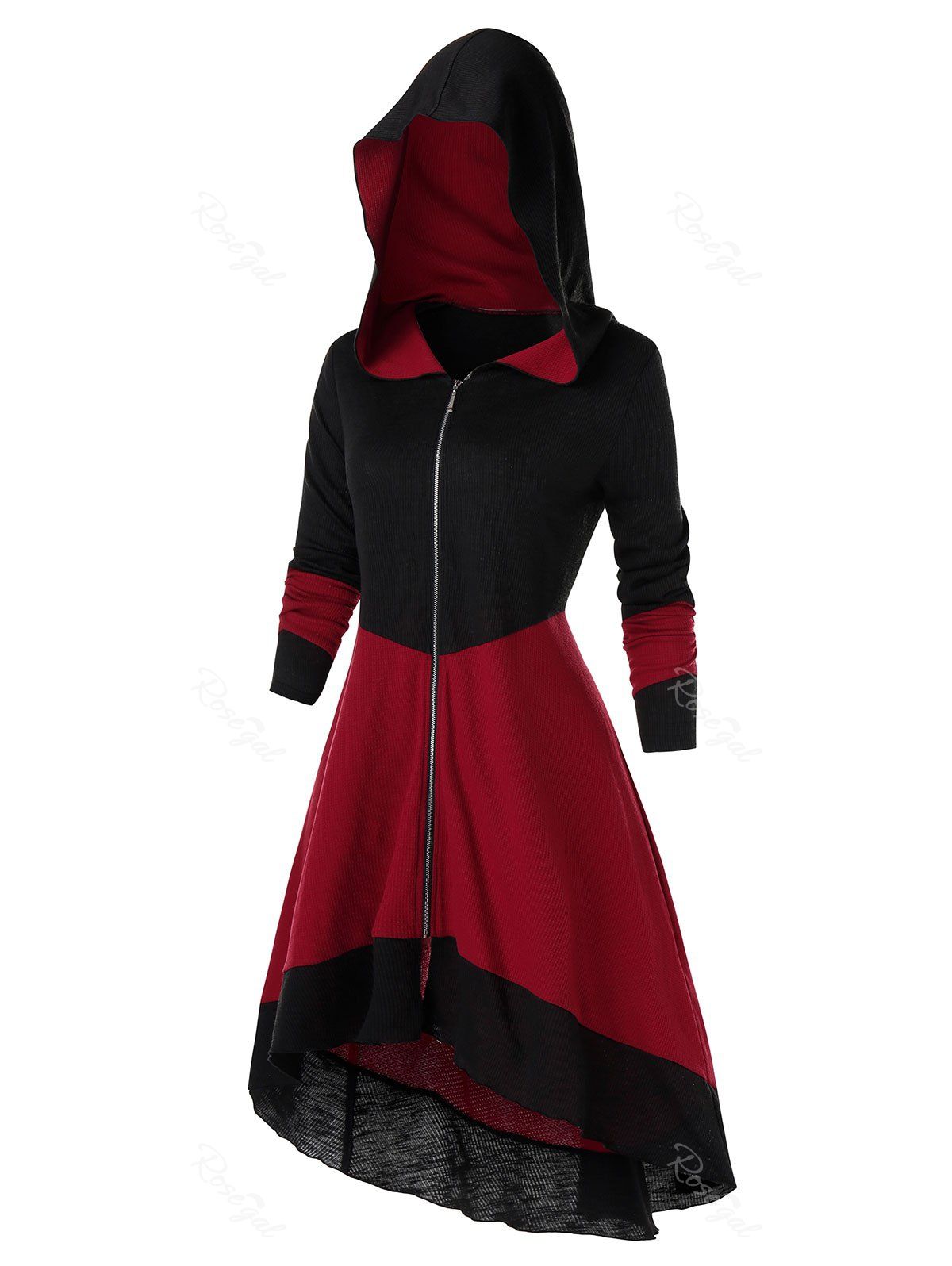 

Plus Size Zipper Fly Hooded Two Tone Coat, Black