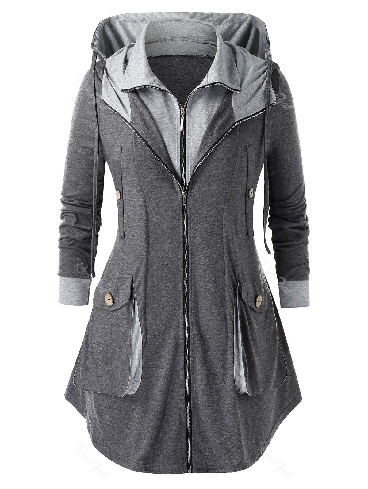 

Plus Size Pockets Contrast Double Zipper Hoodie, Dark gray