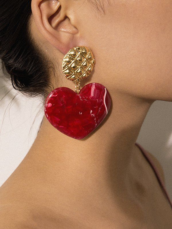 

Round Carved Heart Drop Earrings, Red