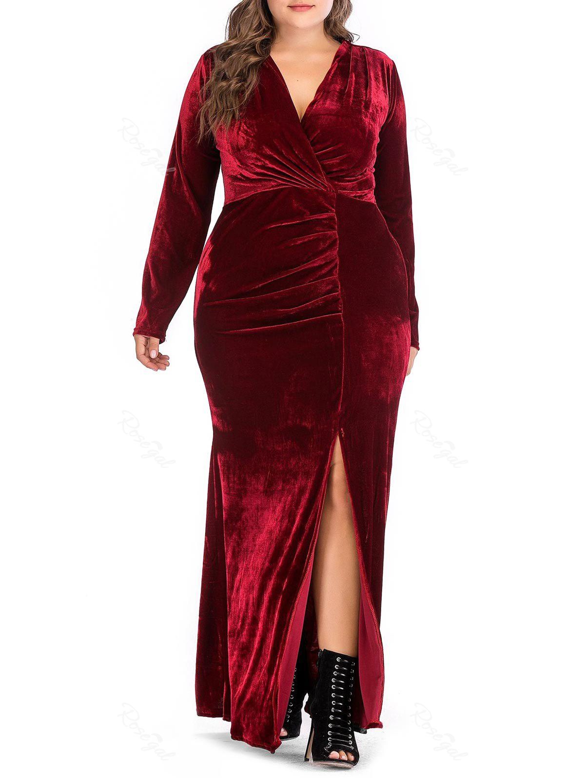 

Plus Size Velvet Plunging Slit Maxi Prom Dress, Red wine