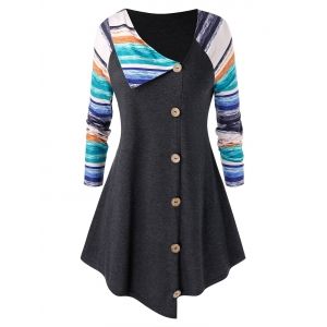 

Plus Size Asymmetric Buttons Heathered Stripe T Shirt, Gray