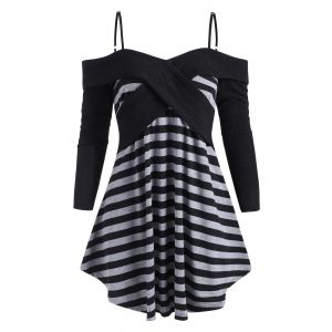 

Plus Size Knit Panel Striped Cold Shoulder Top, Black