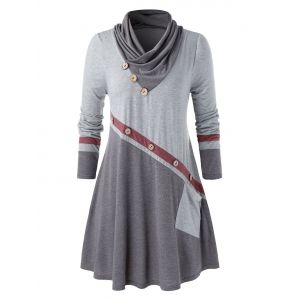 

Plus Size Shawl Collar Buttons Contrast Color T Shirt, Dark gray