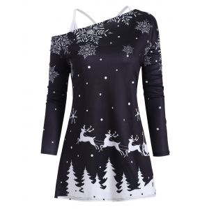 

Snowflake Dotted Cold Shoulder Christmas Plus Size Top With Cami Top, Black