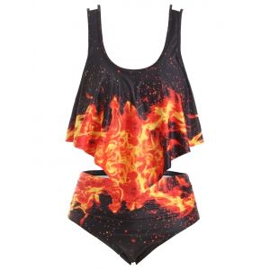 

Plus Size Ruffle 3D Fire Print Tankini Swimwear, Black