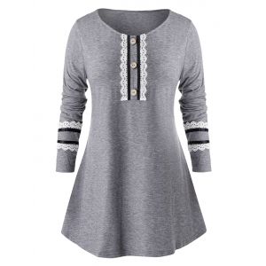 

Plus Size Contrast Stripes Lace Button Long Sleeve T-shirt, Battleship gray