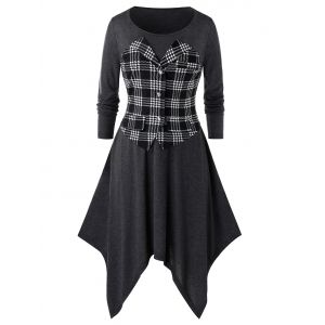 

Plus Size Plaid Handkerchief Long Sleeve Mock Button Dress, Gray