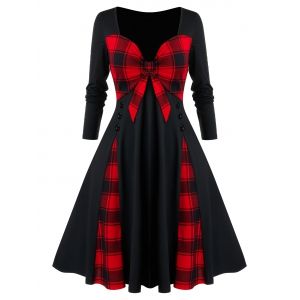 

Plus Size Checked Bowknot Splicing Dress, Black