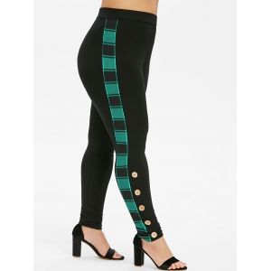 

Plus Size Buttoned Plaid Trim Skinny Pants, Sea turtle green