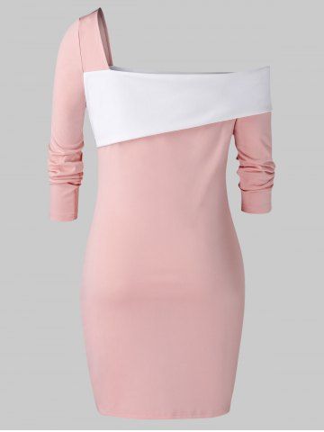 

Plus Size Two Tone One Shoulder Long Sleeve Dress, Pink