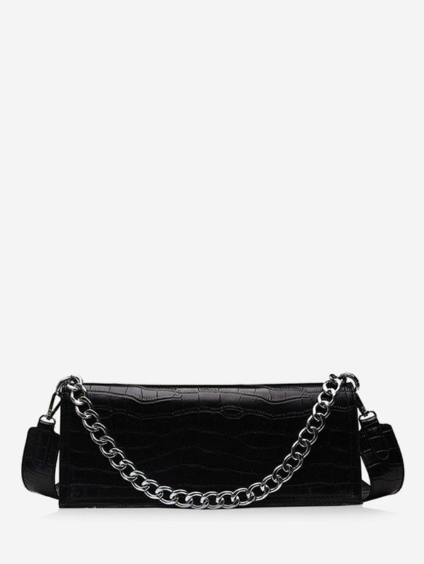 

Chain Decorate Embossed Shoulder Bag, Black