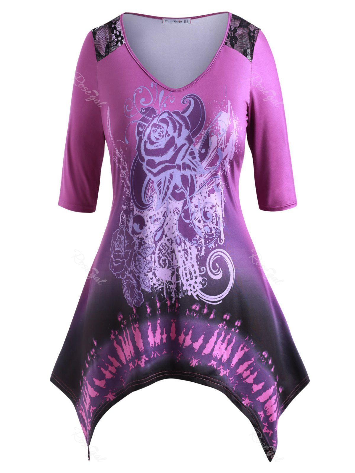 

Plus Size Printed Lace Panel Aymmetrical Tunic Top, Purple flower