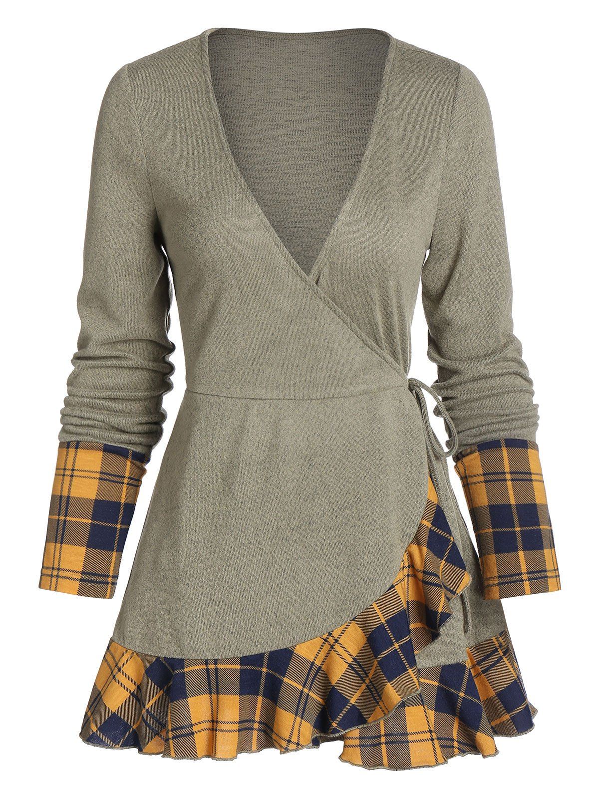 

Plaid Print Plunge Neck Wrap T-shirt, Hazel green