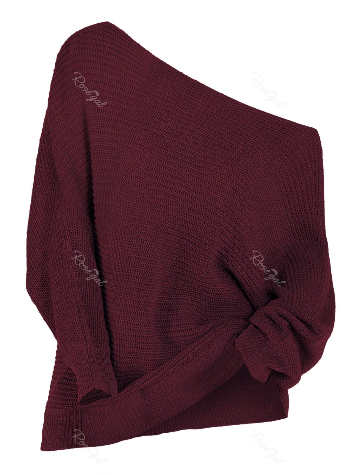 

Plus Size Batwing Sleeve Skew Neck Sweater, Red wine