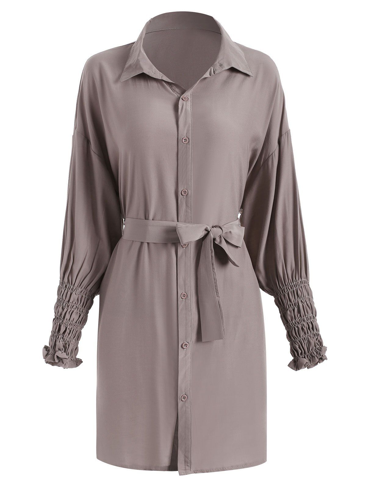

Shirred Cuffs Belt Long Sleeve Shirt Dress, Mauve