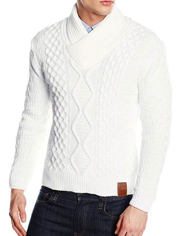 

Solid Color Knitted Shawl Collar Sweater, White