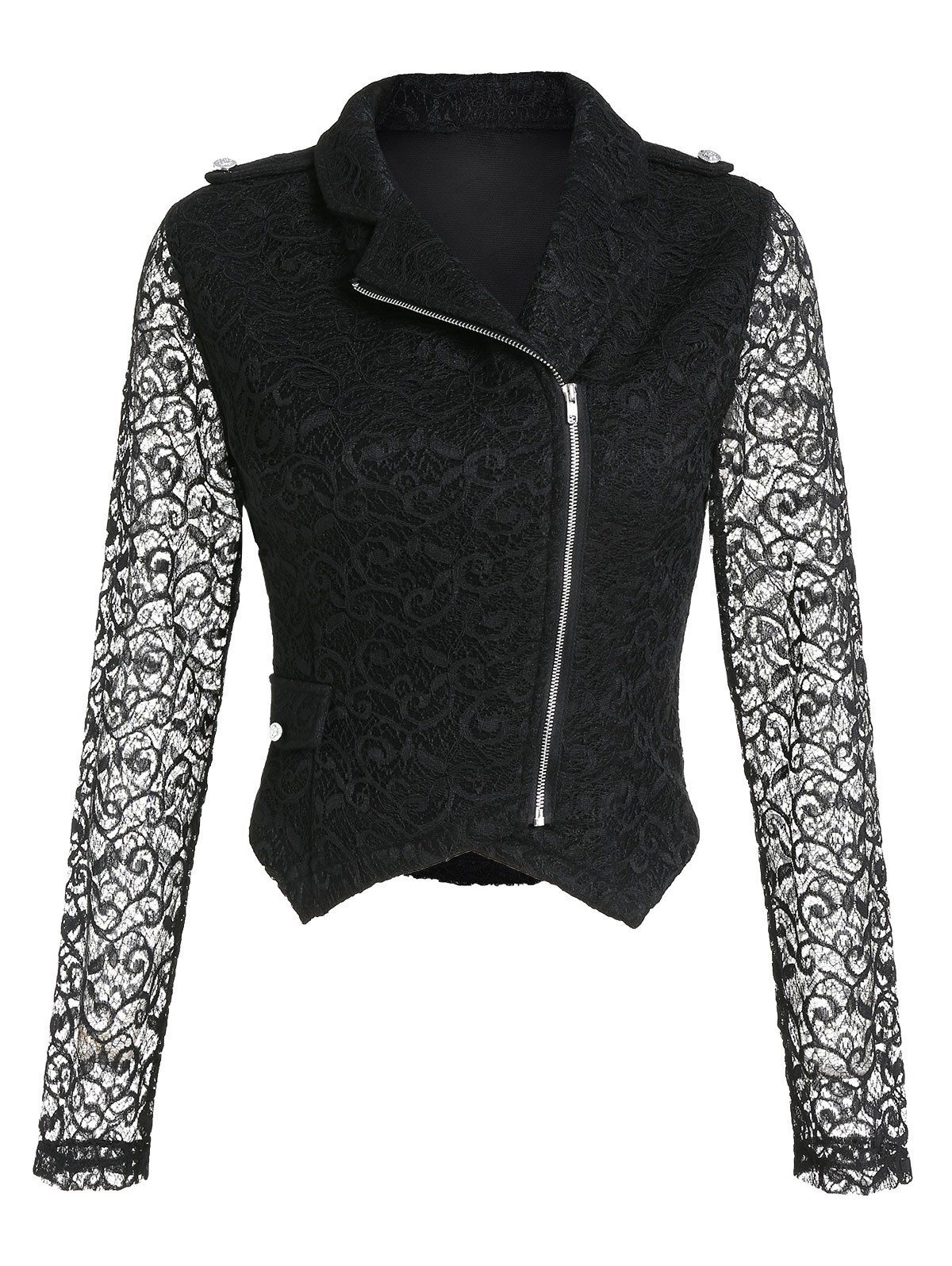 

Zip Up Lapel Lace Short Jacket, Black
