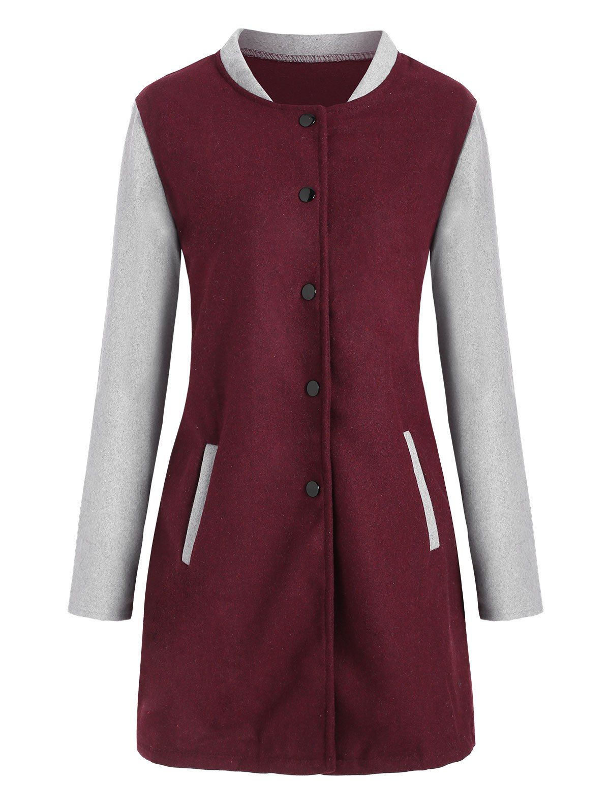 

Snap Button Two Tone Coat with Pockets, Red wine