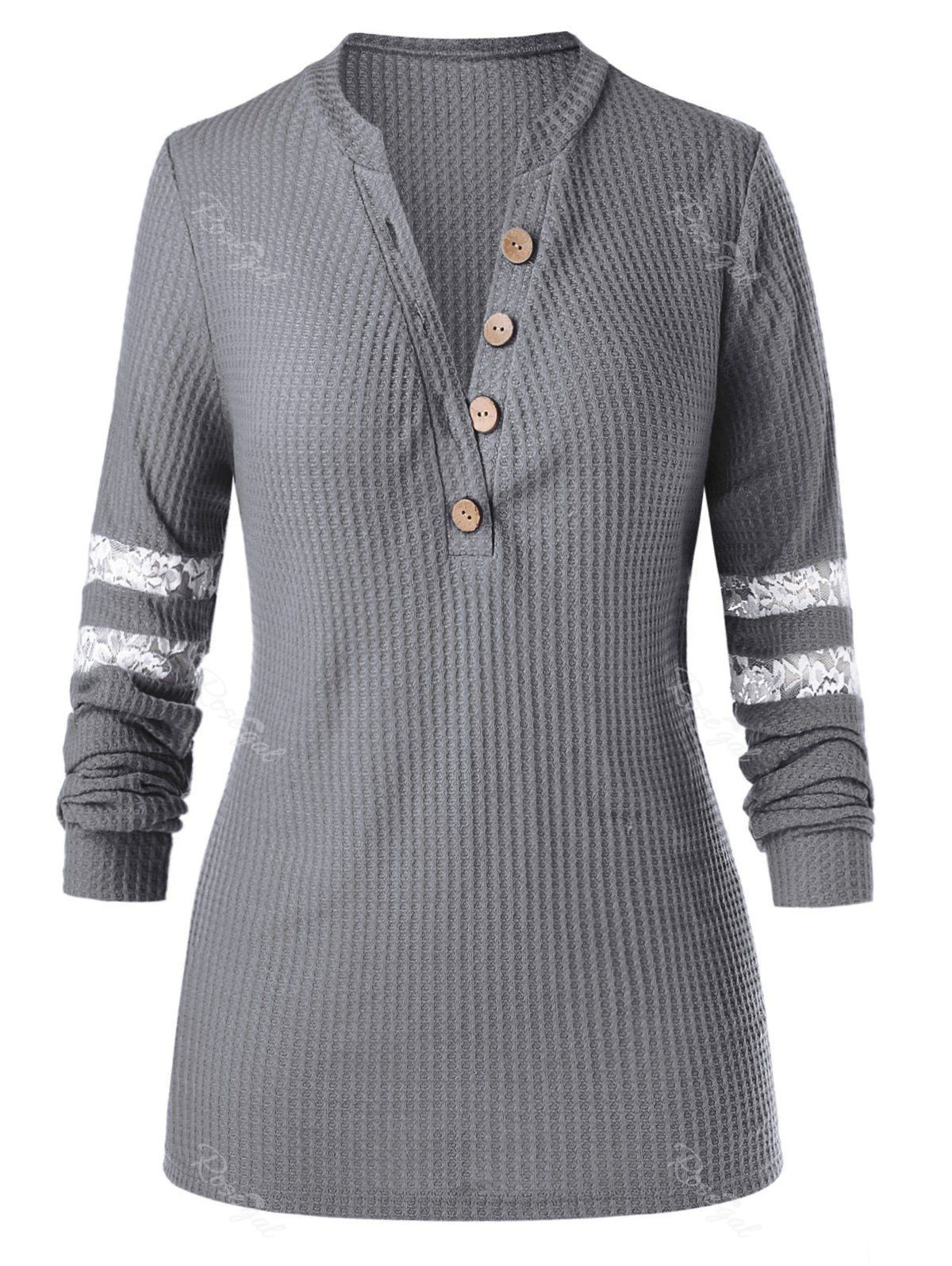 

Plus Size Half Placket Lace Panel Knitted Sweater, Light slate gray