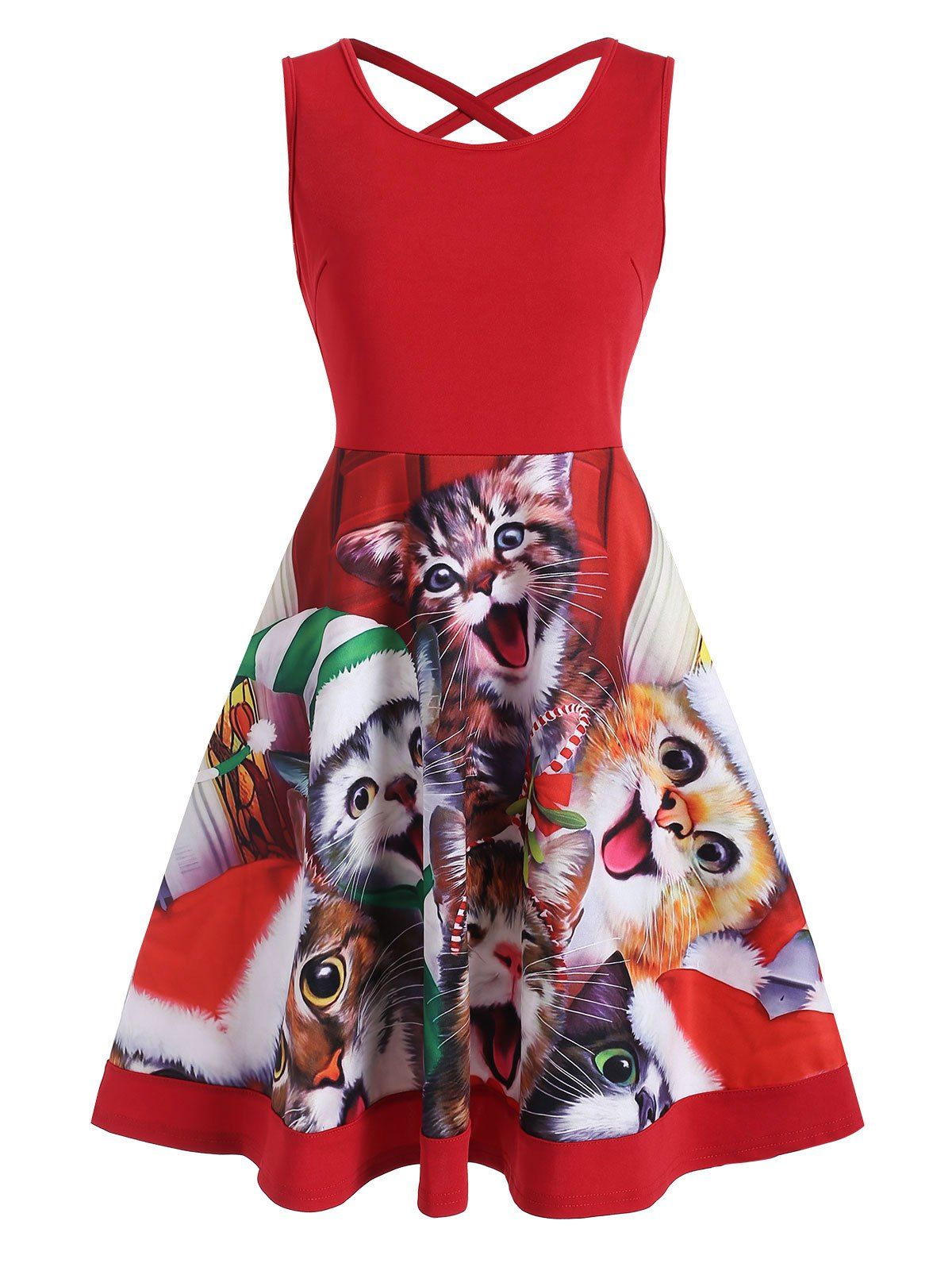 

Cat Graphic Criss Cross Christmas Mini Dress, Red