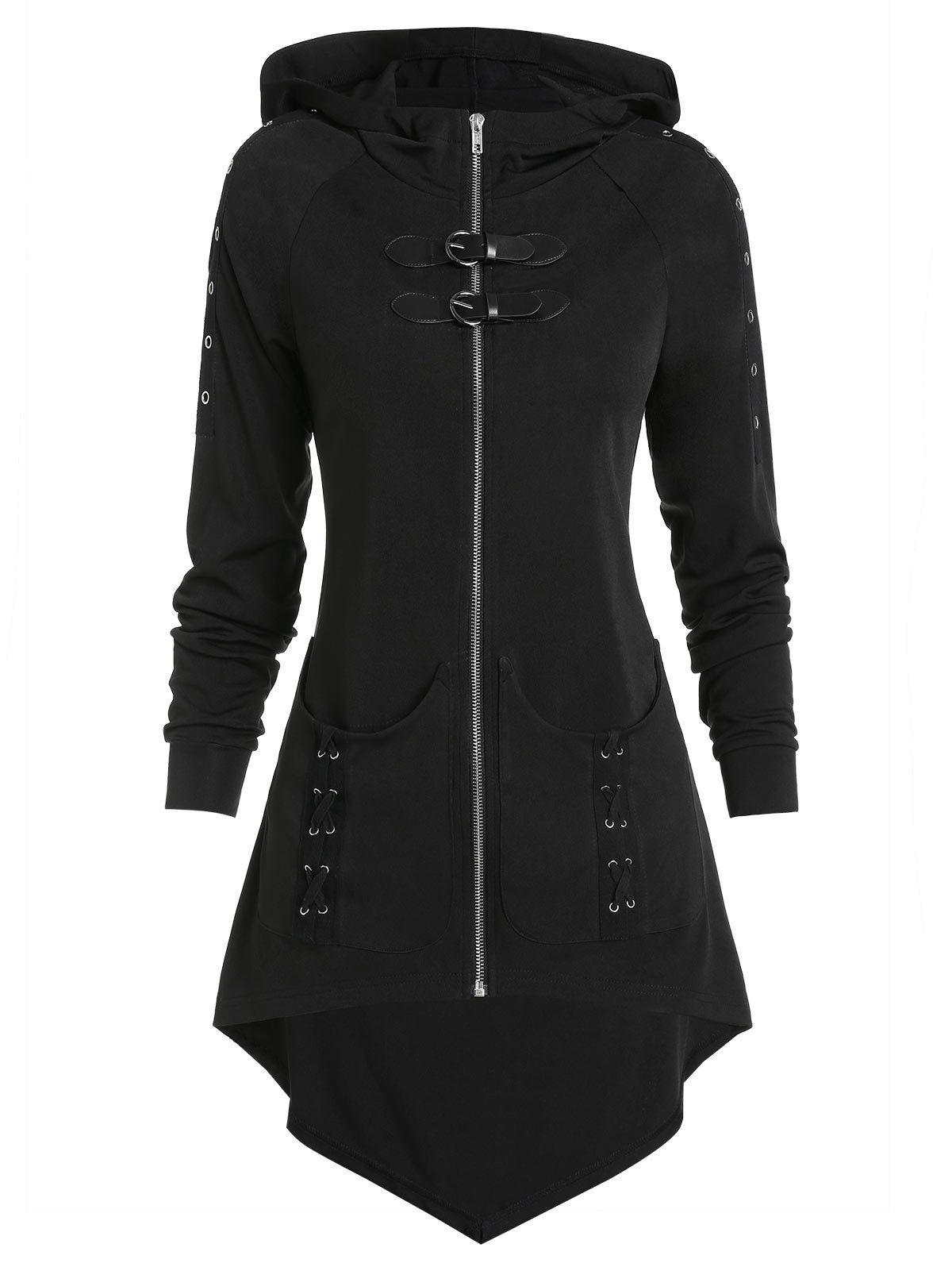

Dual Buckle Zip Up High Low Gothic Jacket, Black
