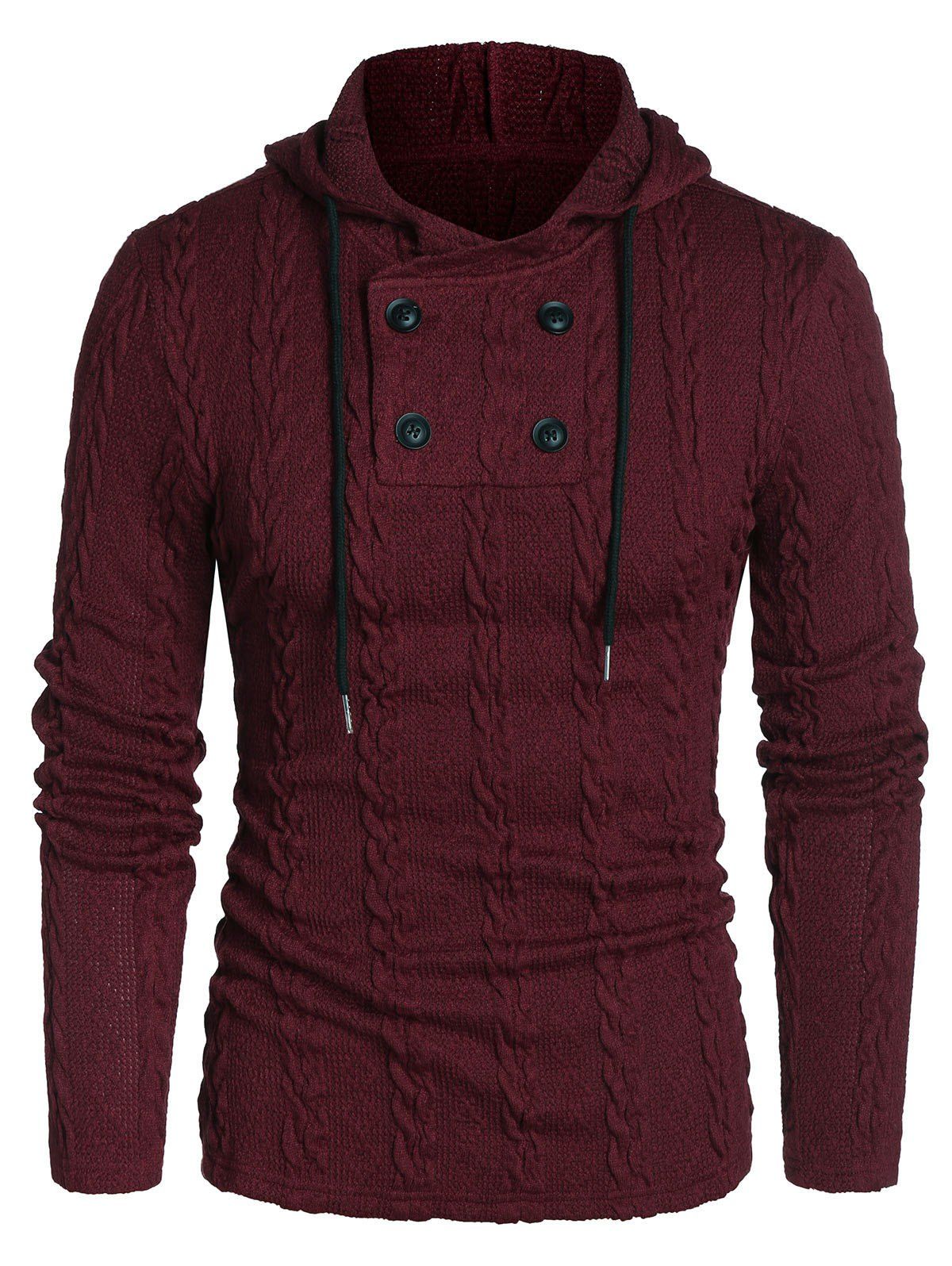 

Hooded Cable Knit Button Drawstring Sweater, Firebrick