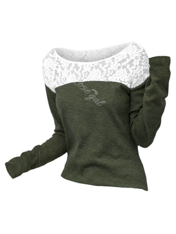

Plus Size Contrast Lace Panel T Shirt, Army green