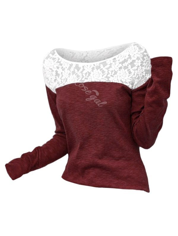 

Plus Size Contrast Lace Panel T Shirt, Red wine
