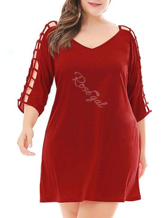 

Plus Size Caged Sleeve Double V Dress, Red wine