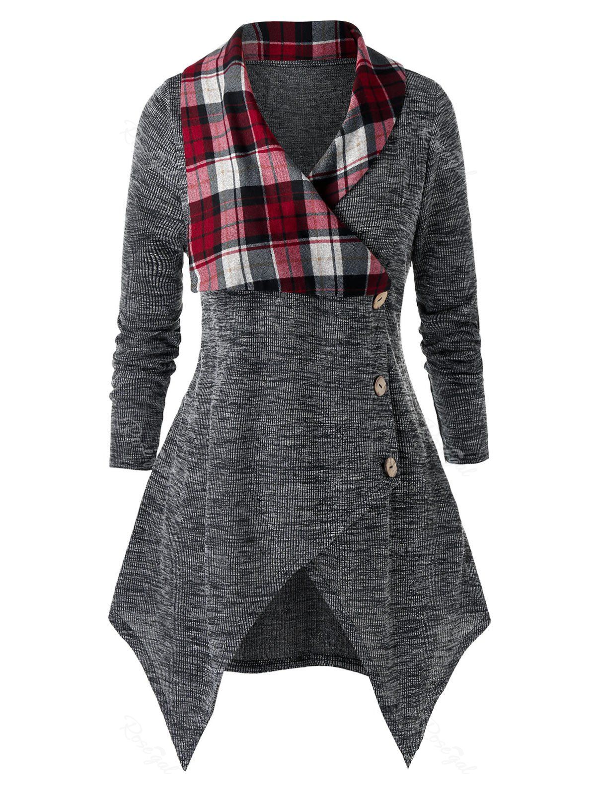 

Plus Size Plaid Spliced Asymmetric Cardigan, Dark gray