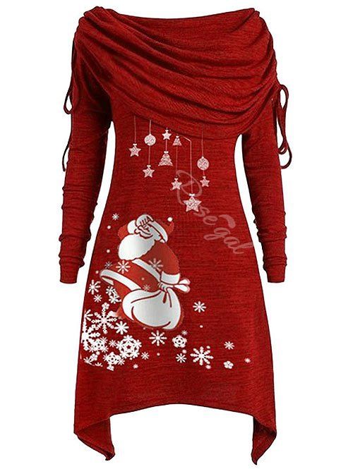 

Plus Size Off Shoulder Santa Claus Print Asymmetric Christmas Dress, Red wine