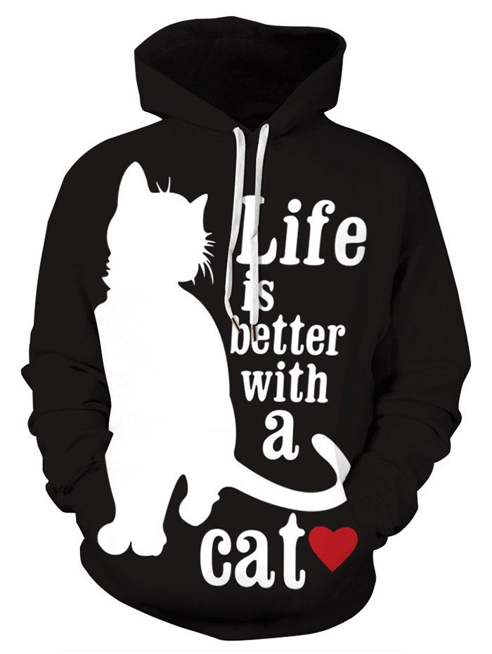 

Letter Cat Printed Casual Hoodie, Black