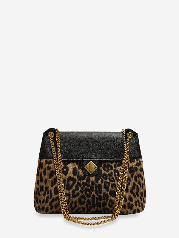 

Leopard PU Patchwork Chain Crossbody Bag, Dark khaki