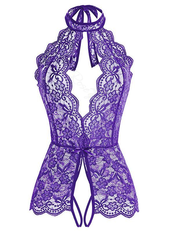 

Plus Size Flower Lace Scalloped Crotchless Teddy, Purple