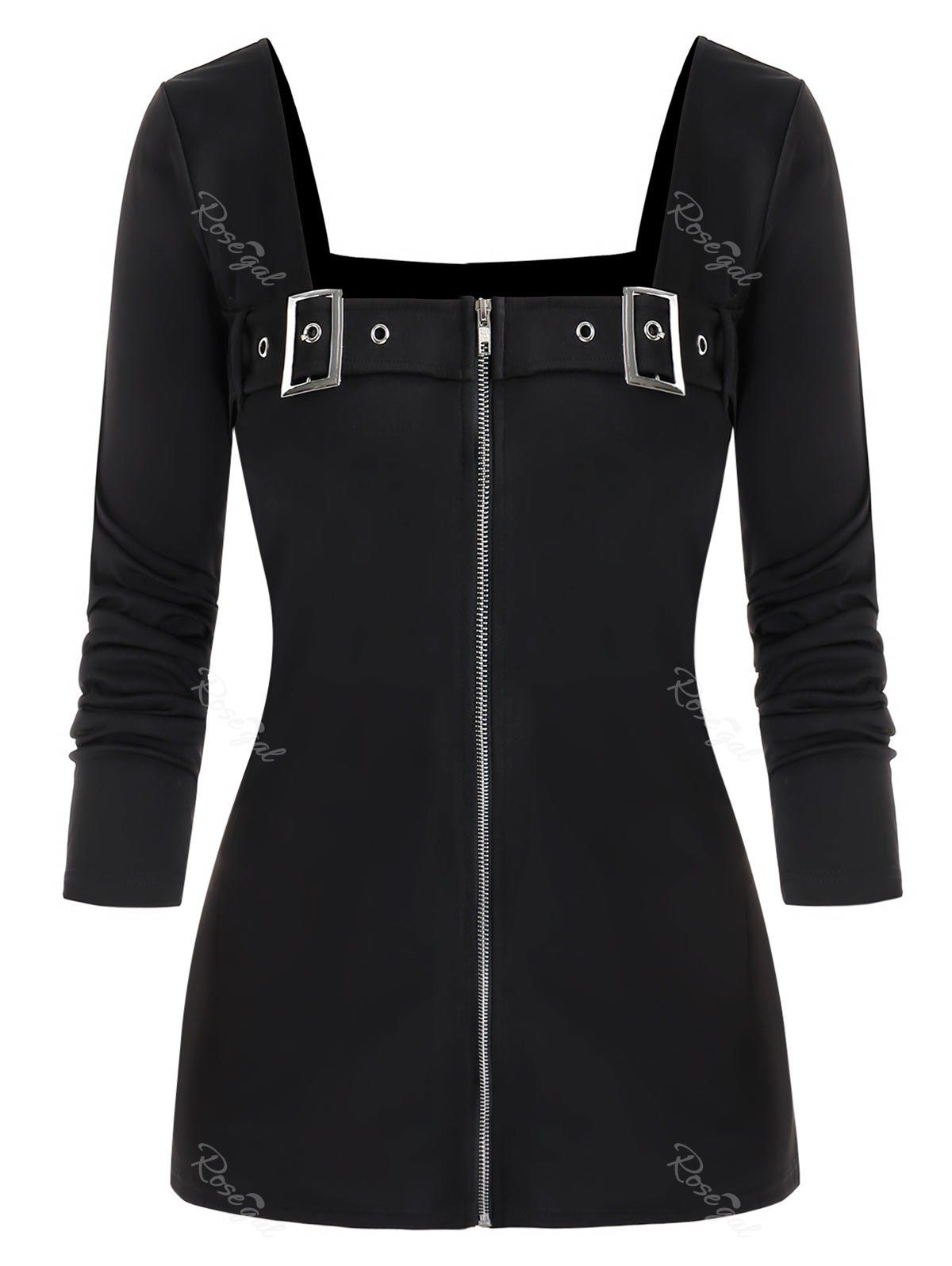 

Plus Size Front Zip Buckles Punk T Shirt, Black