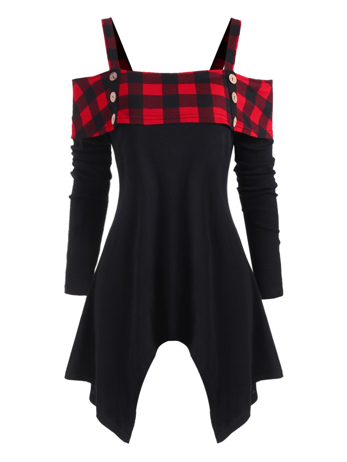 

Plus Size Plaid Cold Shoulder Handkerchief T-shirt, Black