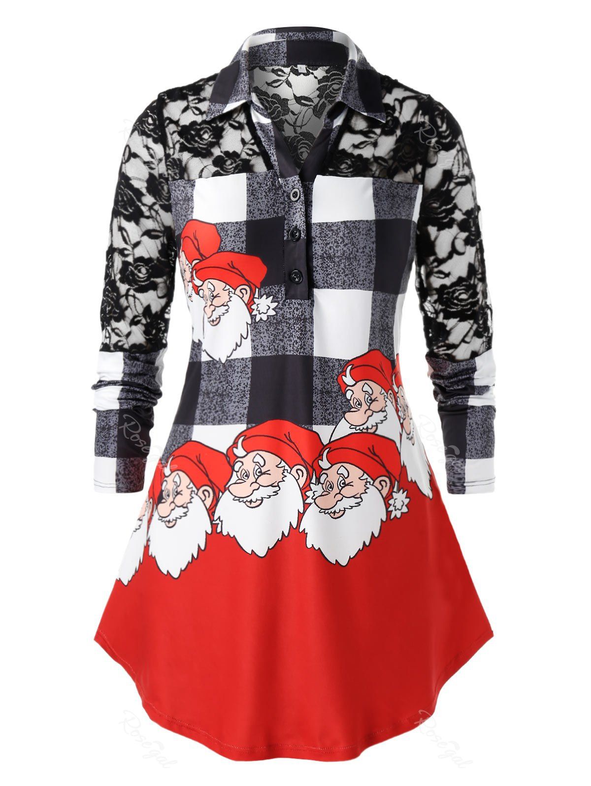 

Plus Size Lace Insert Christmas Printed Plaid Shirt, Multi