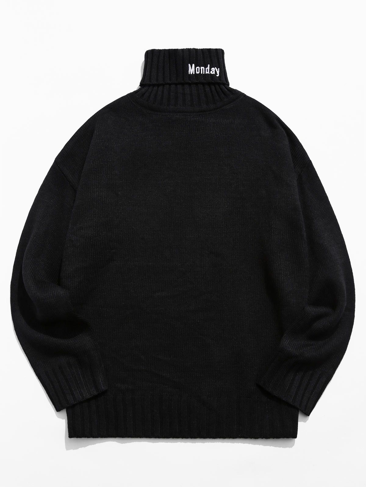 

Turtleneck Letter Embroidery Long Sleeve Sweater, Black