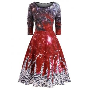

Long Sleeve Galaxy Printed Christmas Plus Size Dress, Red