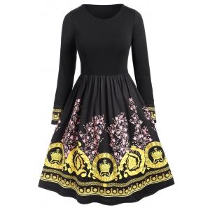 

Plus Size Floral Ethnic Print Flare Dress, Black