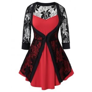 

Plus Size Lace Cardigan With Cami Top Set, Red