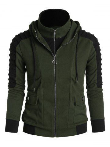 

Pleated Sleeve Double Pockets Contrast Double Zip Up Hoodie, Army green